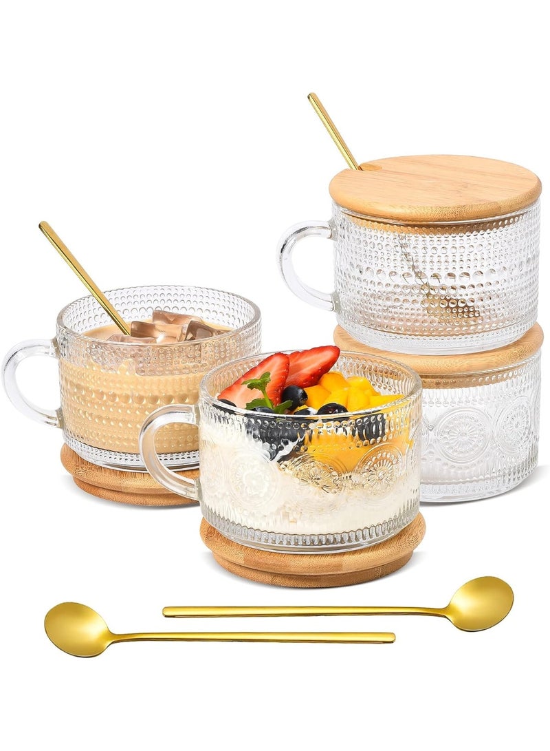 LODROC 4Pcs Vintage Coffee Mugs, Overnight Oats Containers with Bamboo Lids and Spoons - 14oz Clear Embossed Glass Cups, Stackable Breakfast Cups, Coffee Accessories - Women Gifts for Mother's Day, Valentine's Day, Christmas - Image 4